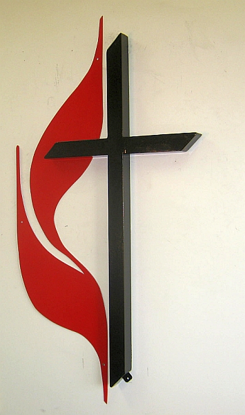 United Methodist Cross & Flame logo design, United Methodist Cross & Flame sculpture, United Methodist cross and flame indoor/outdoor sign logo,