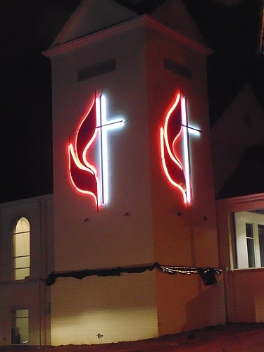 United Methodist Cross and Flames with LED backlighting and UMC cross & flames red led and white led cross