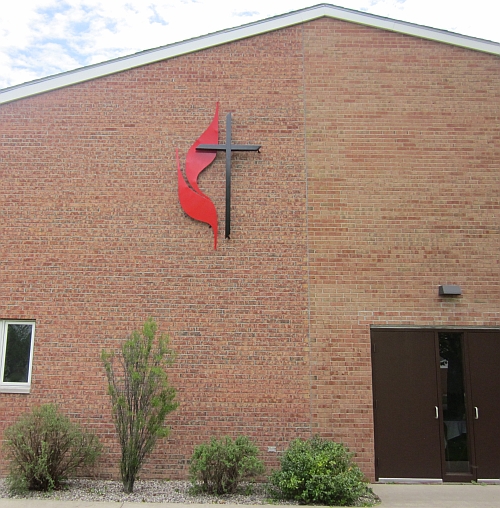 united methodist church cross and flames sign installed in michigan,United methodist cross and flame logo signs of all sizes