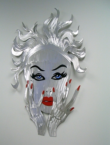 woman sculpture in erotic woman style, aluminum woman sculpture of face and bright red lips