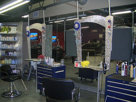 custom hair stations for beauty salon in brushed aluminum