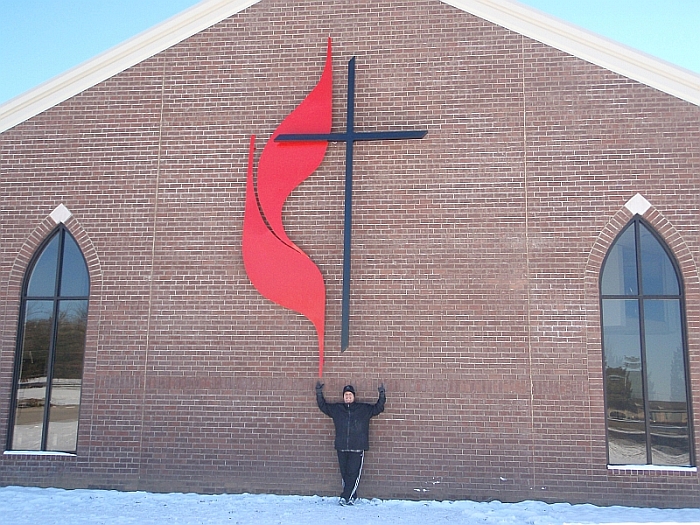 United Methodist Cross and Flames sign, for a UMC in Kentucky. 18ft tall cross & flames, United Methodist Church sign Logo, UMC Cross & Flames sign come in all sizes, church cross, UMC Cross, large cross and flames, lit cross and flames, viscardi designs, tony viscard