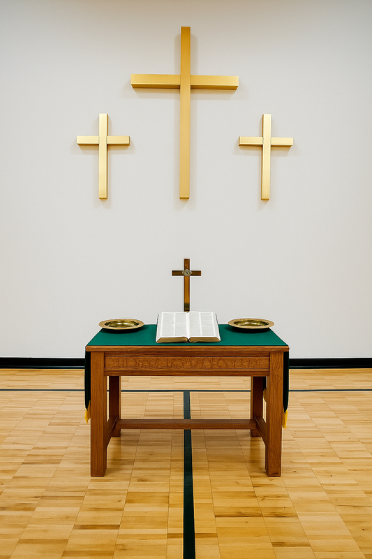 "Contemporary three-cross wall display in gold finish"  "Gold aluminum cross set for church interior design"