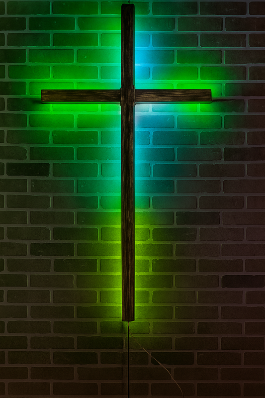 "Brushed aluminum LED church cross with soft backlighting"  "Contemporary aluminum cross with color-changing LED lights"