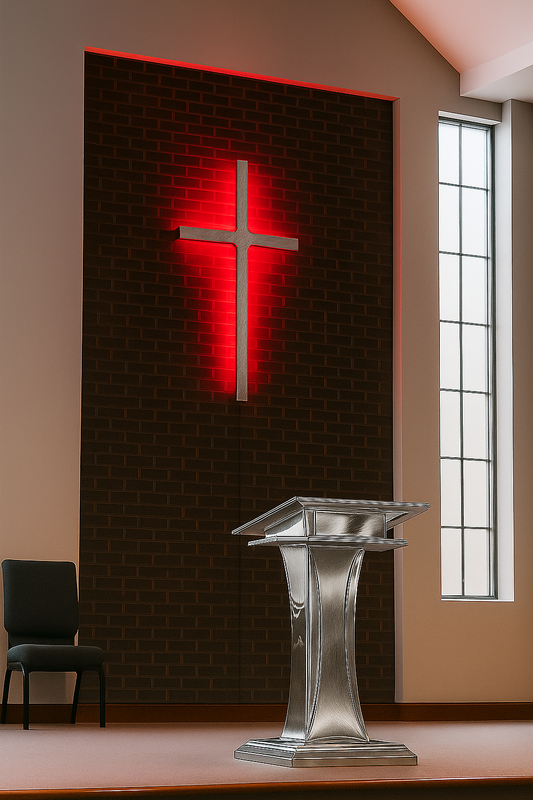 "LED cross made from polished aluminum for sanctuary walls"