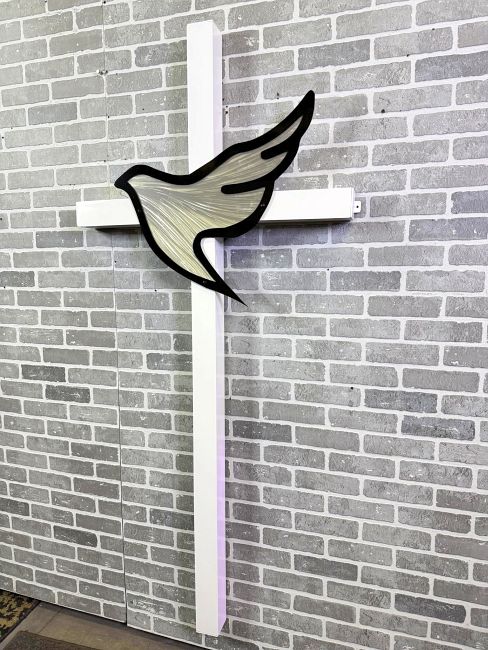 Church cross with a dove cross and dove design