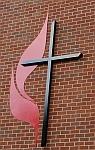 united methodist church logo sign in aluminum and metal and UMC cross and flames signs