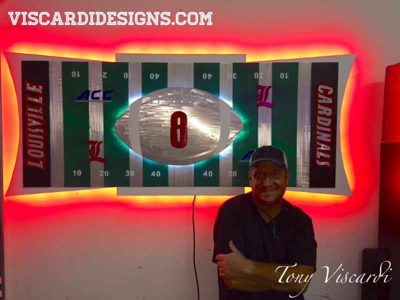 Tony Viscardi, viscardi designs, u of l art piece, u of l football, U of L Football Field art piece, LED art, metal art, wall art, mancave, mancave art, 