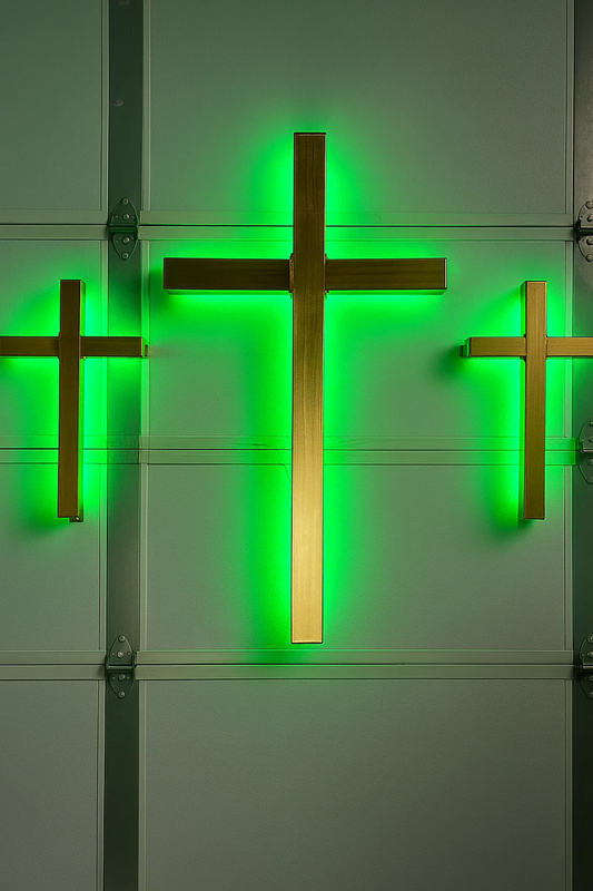 Three-piece gold cross set for modern church decor"  "Gold wall-mounted cross trio with contemporary design