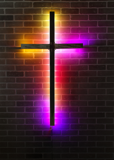 "Large outdoor aluminum cross with LED illumination"  "Aluminum religious cross with backlit LED halo effect"