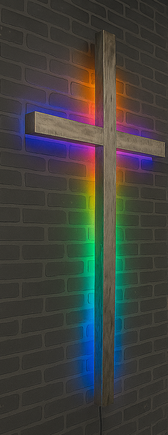 "LED-lit cross sculpture in contemporary church interior"  "Tall glowing LED cross with polished aluminum edges"