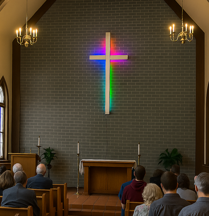 "LED-lit cross sculpture in contemporary church interior"  "Tall glowing LED cross with polished aluminum edges"
